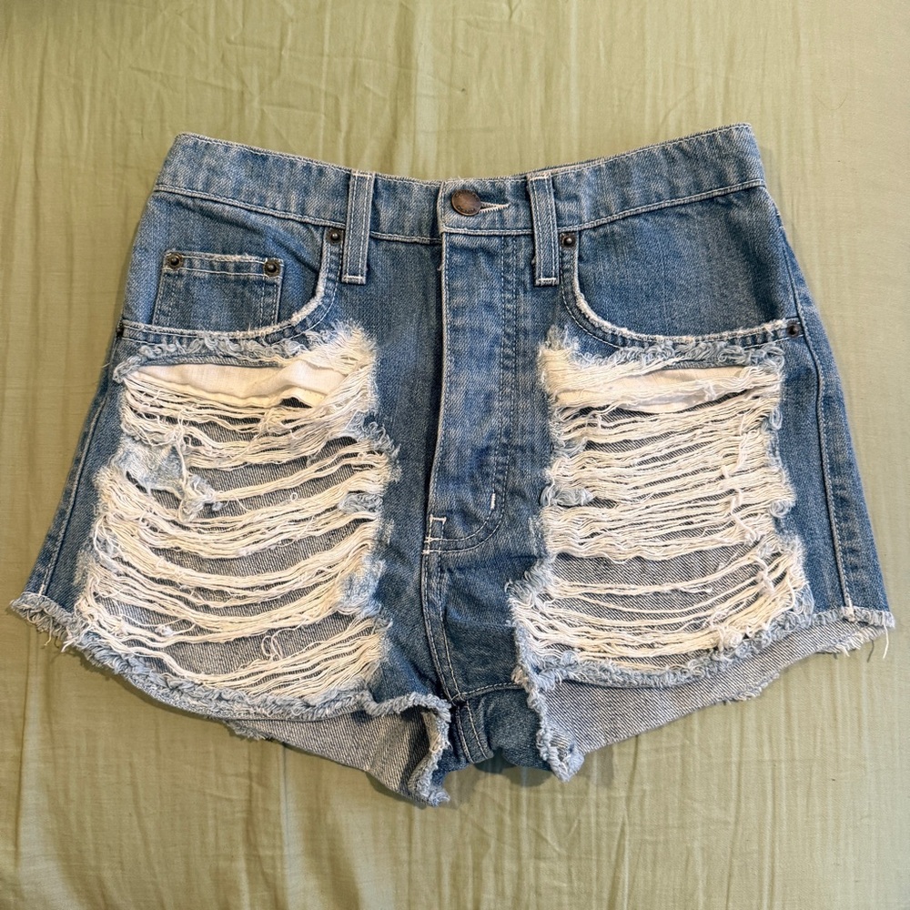 LF Carmar Titania Distressed Ripped High Rise Shorts Medium Wash Button Fly